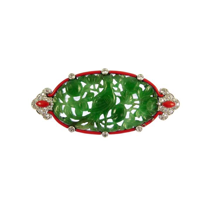 Diamond, red enamel and carved jade panel brooch by Cartier